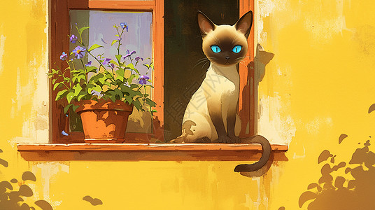 蓝色眼睛的卡通小猫在窗台上的花盆旁背景图片