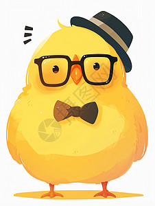 儿童眼受伤黄色可爱的卡通小鸡戴着黑框眼眼镜和礼帽插画