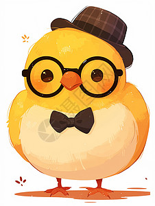 黑色眼可爱的卡通小鸡戴着黑框眼眼镜和礼帽插画