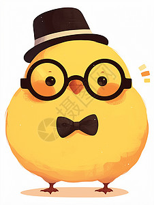 黄色可爱的卡通鸡戴着黑框眼眼镜和礼帽高清图片