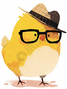 黑脚鸡可爱的卡通小黄鸡戴眼镜和帽子插画