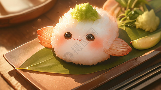 日式烤鳗鱼一盘美味的可爱卡通拟人寿司插画