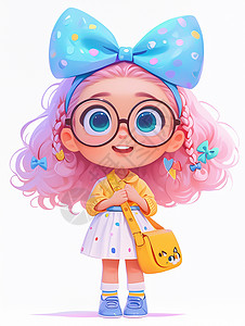 大水量头上戴着蓝色蝴蝶节粉色长发大眼睛可爱的卡通小女孩插画