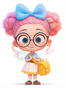 头上戴着蓝色蝴蝶节粉色长发大眼睛可爱的卡通小女孩背景图片