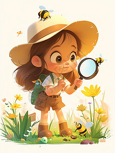 卡通放大镜手拿着放大镜的卡通女孩在森林中观察探索插画