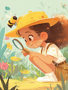 商务女性观察探索戴着草帽手拿着放大镜的女孩在森林中观察探索插画