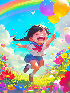 彩虹下素材儿童节在彩虹下开心奔跑卡通小女孩插画