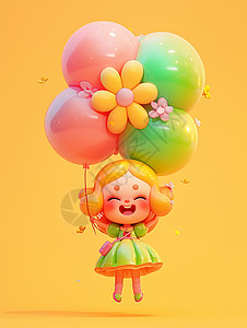彩色卡通盒穿着蓬蓬裙的卡通女孩在彩色气球下插画