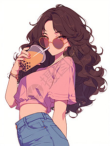 喝饮料的美女正在喝奶茶的时尚卷发卡通女孩插画