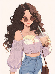 美女喝东西喝奶茶的时尚卷发卡通女孩插画