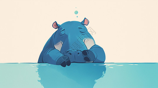 蓝色的河流河中泡澡的可爱卡通小河马插画