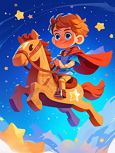 肩上骑马夜晚骑着小马在天空飞的卡通小男孩插画