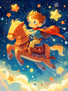 骑小马骑着小马在天空飞的卡通小男孩插画
