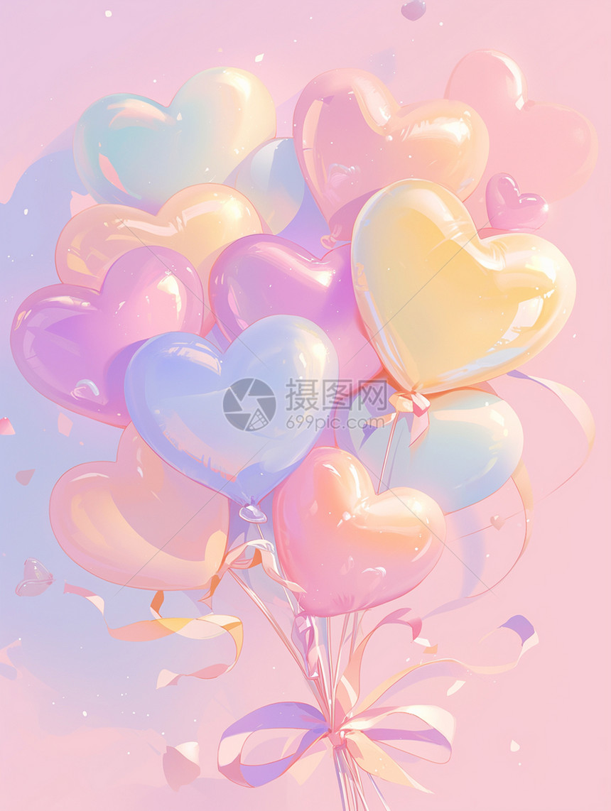 一束彩色可爱的卡通爱心气球图片