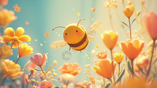 在花丛中悠闲飞舞的卡通小蜜蜂背景图片