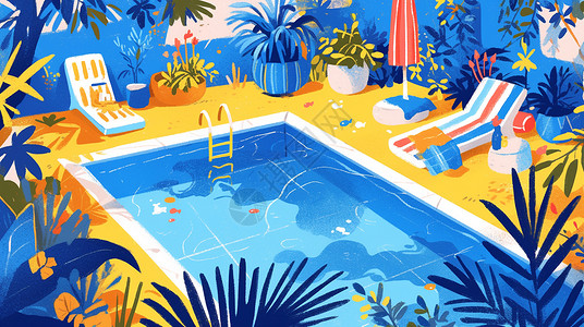 恒温泳池清澈蓝色卡通泳池边有很多植物插画