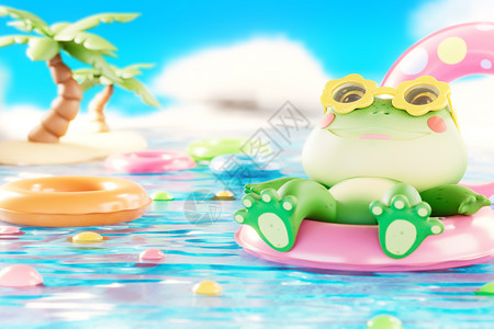 沙滩玩具卡通场景游泳的青蛙设计图片
