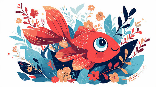 扁平风锦鲤在水草中开心游泳的卡通小红鱼插画