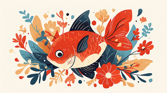 扁平风锦鲤水草中开心游泳的卡通小红鱼插画