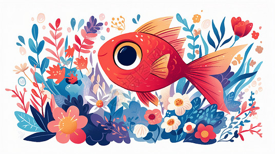 扁平风锦鲤在水草中游泳的卡通小红鱼插画