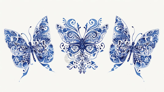 蓝色调美丽的复古风卡通蝴蝶图案高清图片