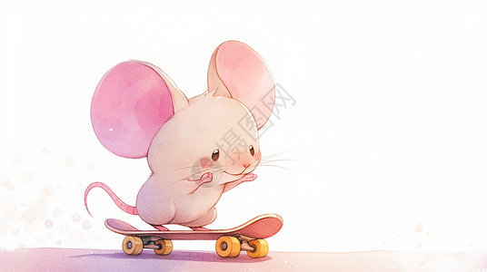 老鼠口罩正在玩滑板的可爱卡通小老鼠插画