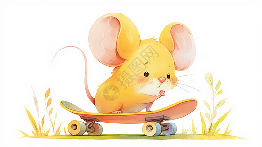 老鼠夹在玩滑板的可爱卡通小老鼠插画