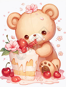 孩子吃甜食正在吃蛋糕的可爱卡通小棕熊插画