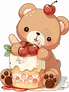 少吃甜食正在开心吃蛋糕的卡通棕熊插画