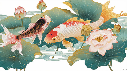 罗塘国风美丽的荷花塘中几条卡通花锦鲤插画