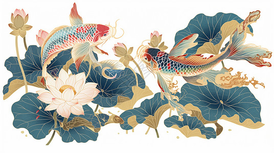 罗塘美丽的荷花塘中几条卡通花锦鲤插画