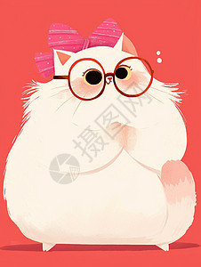 条形框戴着黑框眼镜可爱的白色肥胖卡通小猫插画