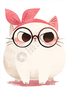 黑白色的猫戴黑框眼镜可爱的白色肥胖卡通小猫插画