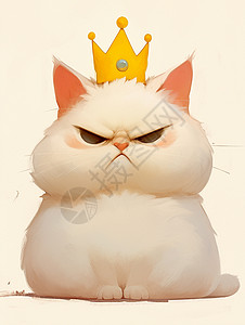 金色楼盘戴金色皇冠生气表情可爱的卡通白猫插画