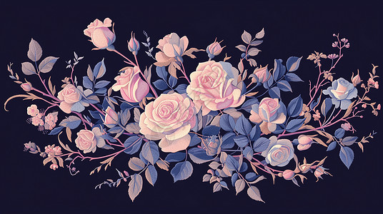 平阴玫瑰花深色背景上一簇美丽的卡通粉色玫瑰花插画