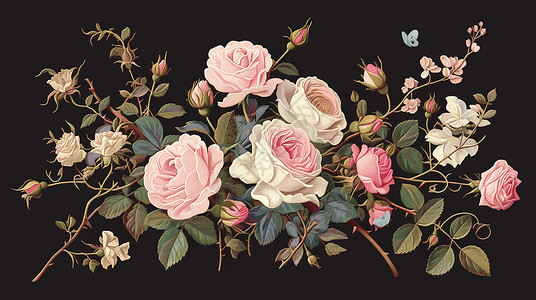 粉色的玫瑰花深色背景上一簇美丽的卡通玫瑰花插画