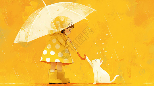 雨中打着透明雨伞的小姑娘在与白色猫玩耍高清图片