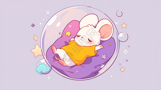 黄色枕头在紫色枕头上睡觉的可爱小白鼠插画