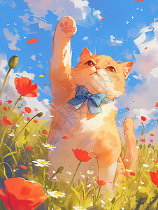 猫手在花丛中招手的卡通橘猫插画