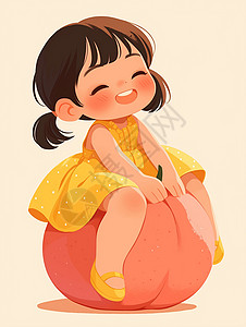 小女孩拿着橙子身穿黄色连衣裙坐在大大的水果上开心笑的卡通小女孩插画