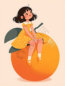 黄色桃子身穿黄色连衣裙坐在大大的水果上笑的卡通小女孩插画