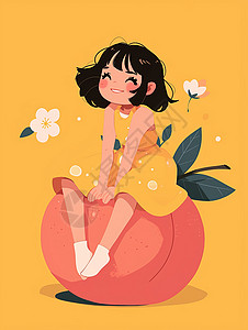 小女孩拿着橙子身穿黄色连衣裙坐在水果上开心笑的卡通小女孩插画