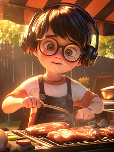 桌上烧烤架一边听音乐一边忙着烤肉的卡通小男孩插画