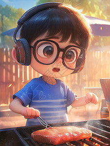 自助烤肉边听音乐一边忙着烤肉的卡通小男孩插画
