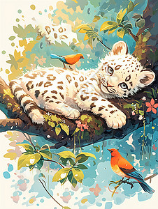 白色树干慵懒的趴在树上的卡通小豹子插画