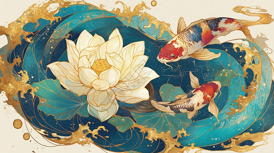 鱼儿游在盛开的荷花旁游着的卡通锦鲤插画