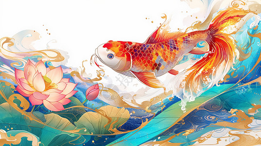 红色荷花纹理红色锦鲤在荷塘中游泳吉祥国风画插画
