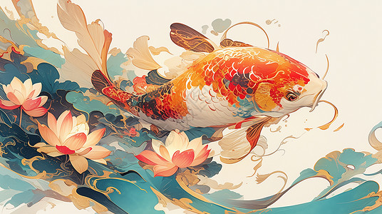 鲤鱼荷花素材红色花锦鲤在荷塘中游泳插画