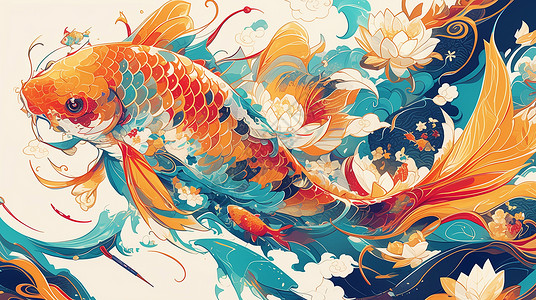 毛利花濑鱼红色花锦鲤在荷塘中的国风画插画