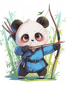 身穿蓝色古风服装手拿弓箭的卡通熊猫背景图片